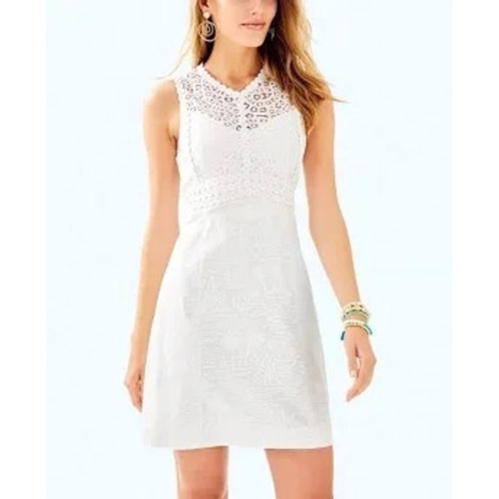 Lilly Pulitzer Leigh Stretch Shift Dress White Lace‎ Tropical Sailboat 30421 4